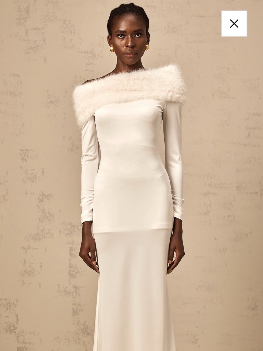 Maddy Paris Cécile white faux-fur off-shoulder midi dress
